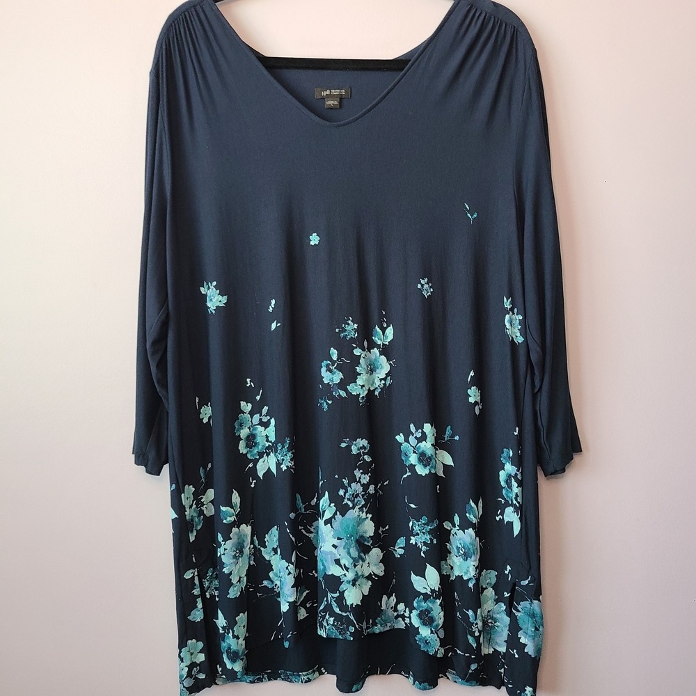 J Jill Wearever Collection Buttery Soft Long Floral Tunic 3/4 Sleeve Top Size L
